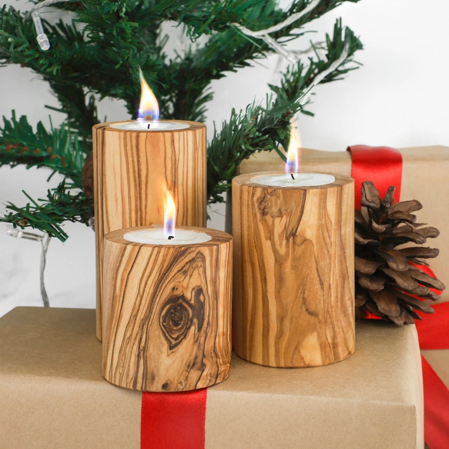 Handcrafted Tunisian Olive Wood Set of 3 Candle Holders - Haven