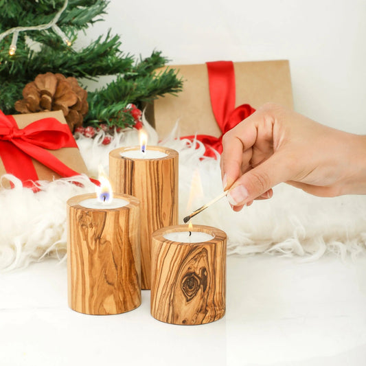 Handcrafted Tunisian Olive Wood Set of 3 Candle Holders - Haven