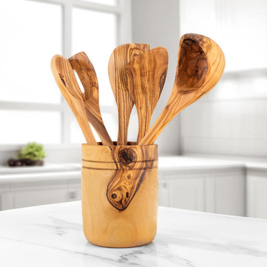 Handmade Olive Wood Kitchen Utensils Set of 5 with Wooden Holder - Haven